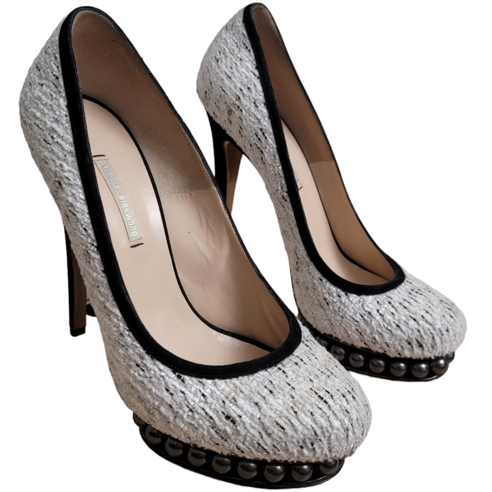 Nicholas Kirkwood Pearl Platform Tweed Fabric Heels White Cream Black 10